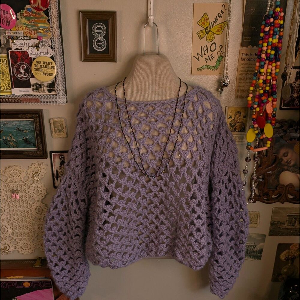 Crochet Stitched Crop Sweater Women's One Size Light Purple